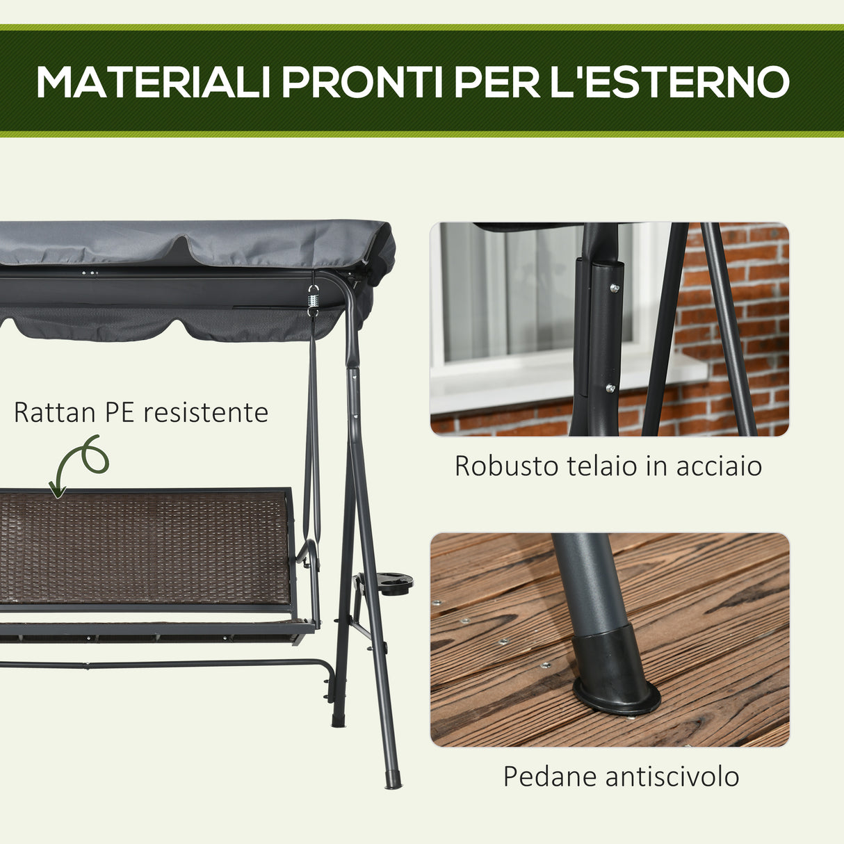 easycomfort easycomfort dondolo da giardino 3 posti in rattan pe e acciaio con tettuccio regolabile e portabicchieri 204x112x150 cm
