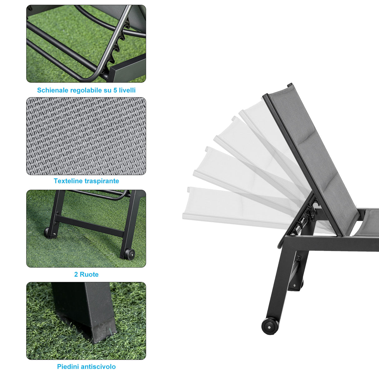 easycomfort easycomfort sdraio da giardino reclinabile su 5 livelli rivestimento imbottito alluminio e texteline grigio ean 8055776913391