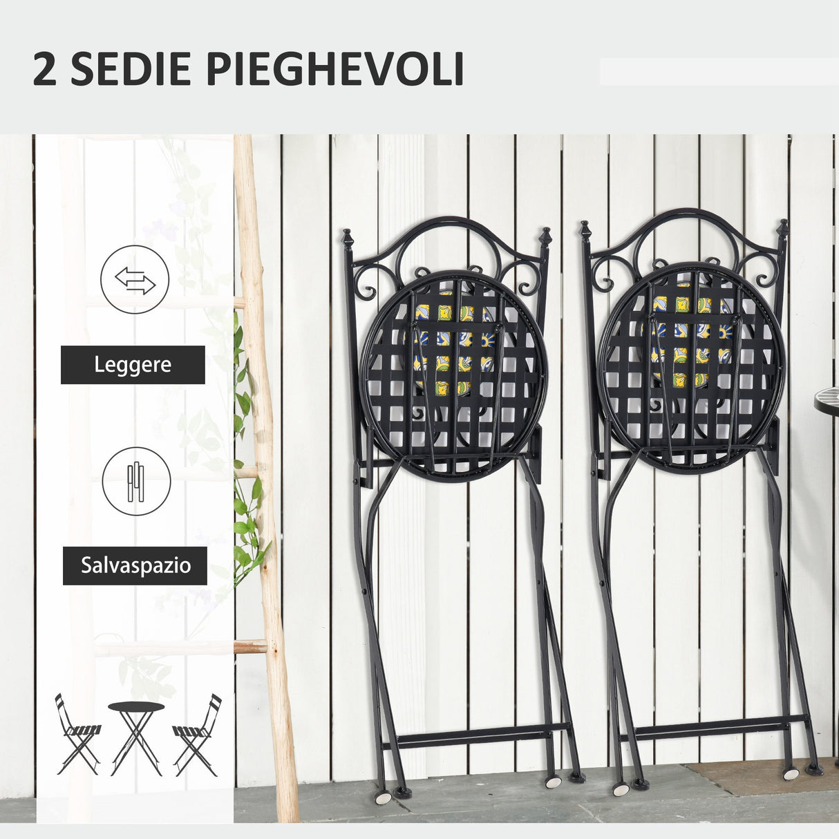 easycomfort easycomfort set tavolo e sedie da giardino 3 pezzi mobili da esterno pieghevoli in metallo con maioliche colorate