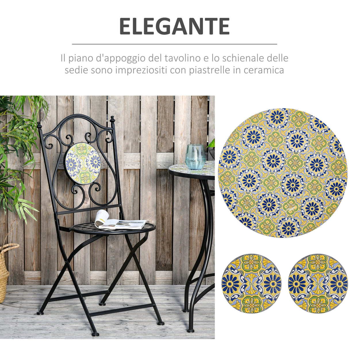 easycomfort easycomfort set tavolo e sedie da giardino 3 pezzi mobili da esterno pieghevoli in metallo con maioliche colorate