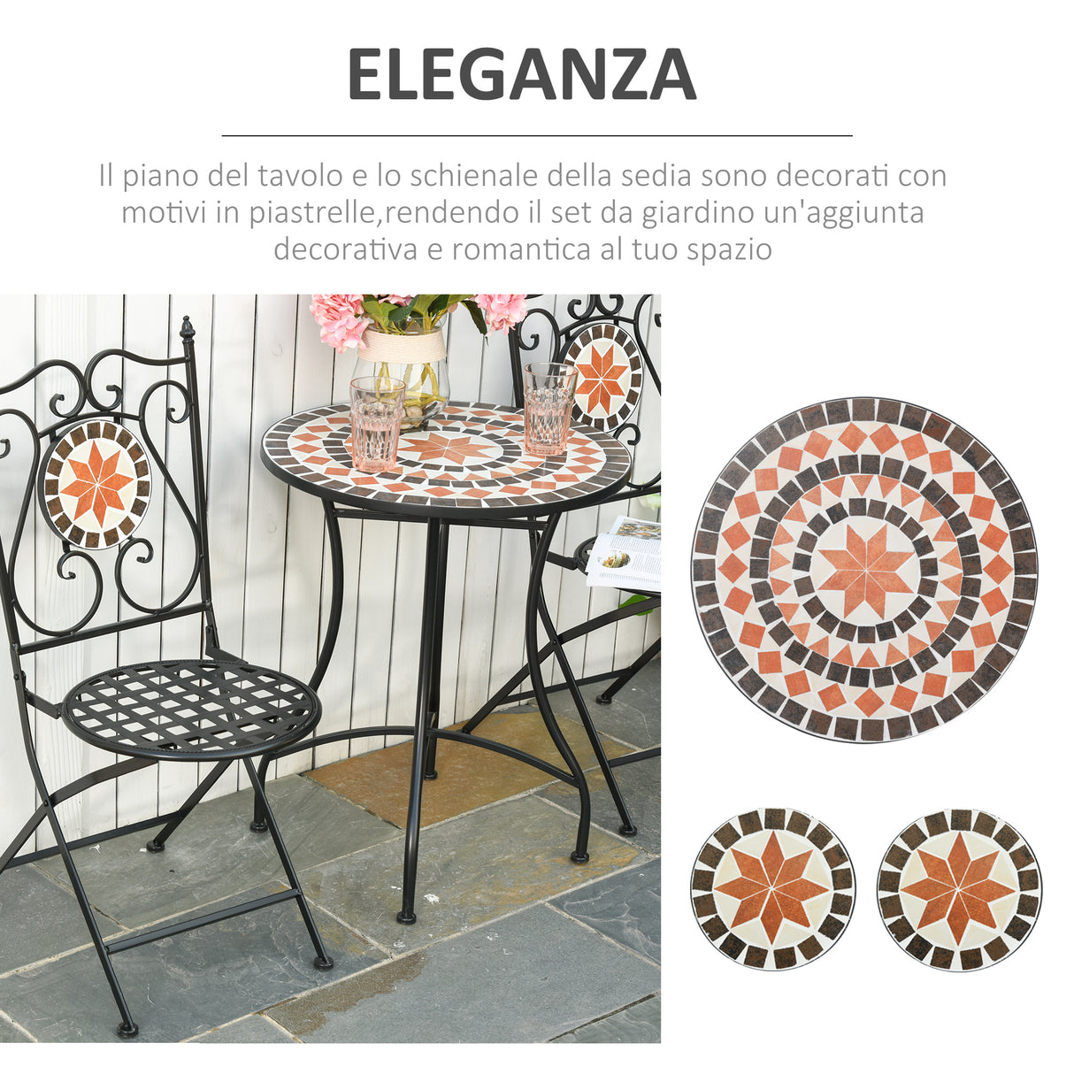 easycomfort easycomfort mobili da giardino set da 3 pezzi con 2 sedie pieghevoli e 1 tavolino in metallo e ceramica