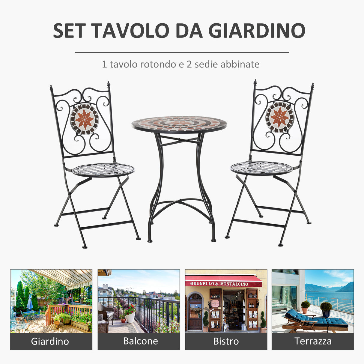 easycomfort easycomfort mobili da giardino set da 3 pezzi con 2 sedie pieghevoli e 1 tavolino in metallo e ceramica