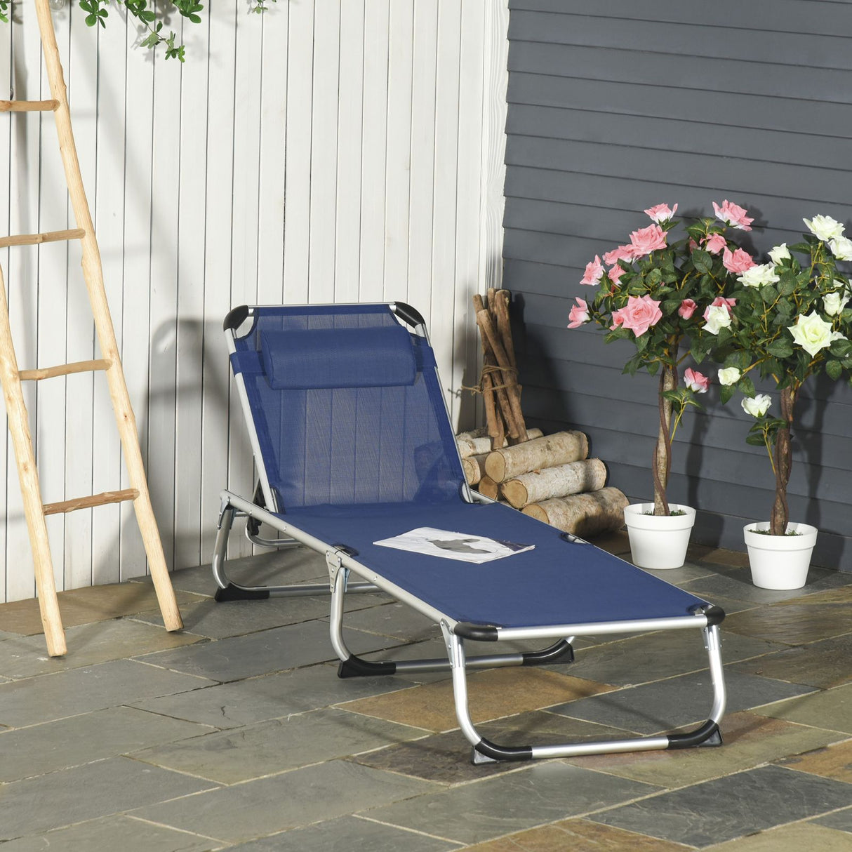 easycomfort easycomfort sdraio da giardino pieghevole con poggiatesta lettino prendisole con schienale regolabile in alluminio 60x170x76cm blu scuro ean 8054144139869