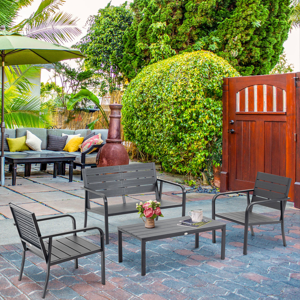 easycomfort easycomfort set salotto da giardino da 4 pezzi con panchina a 2 posti 2 poltrone e tavolino caffe