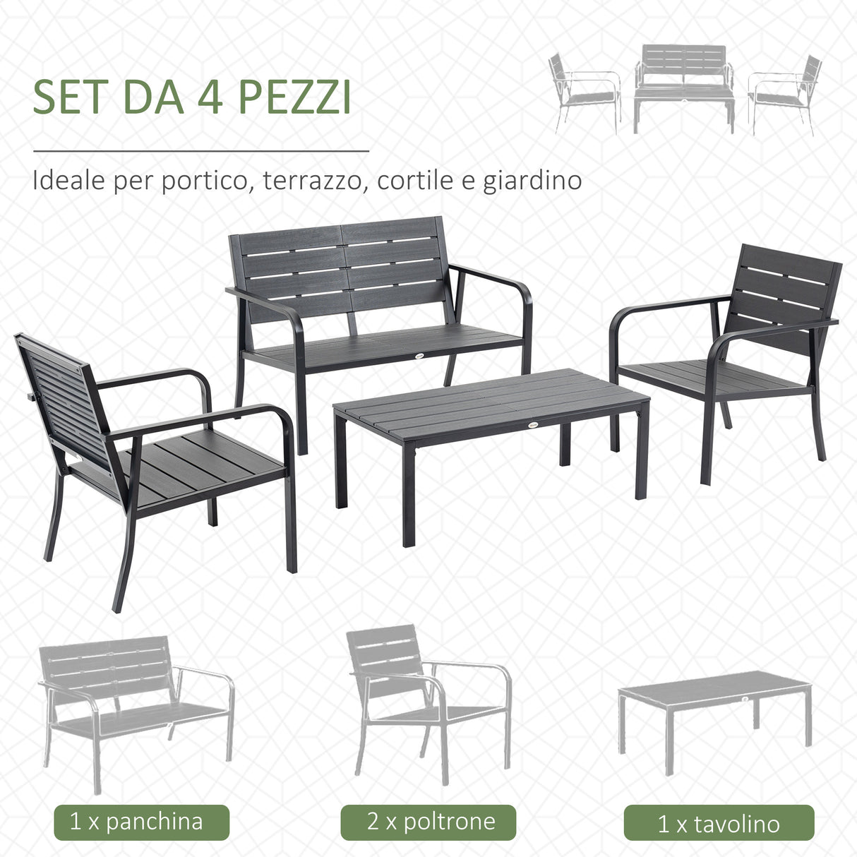 easycomfort easycomfort set salotto da giardino da 4 pezzi con panchina a 2 posti 2 poltrone e tavolino caffe