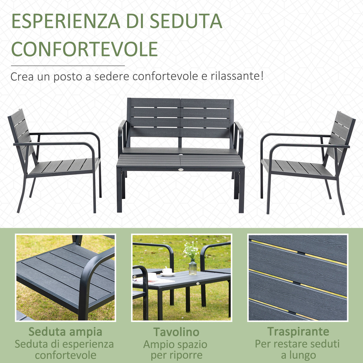 easycomfort easycomfort set salotto da giardino da 4 pezzi con panchina a 2 posti 2 poltrone e tavolino caffe
