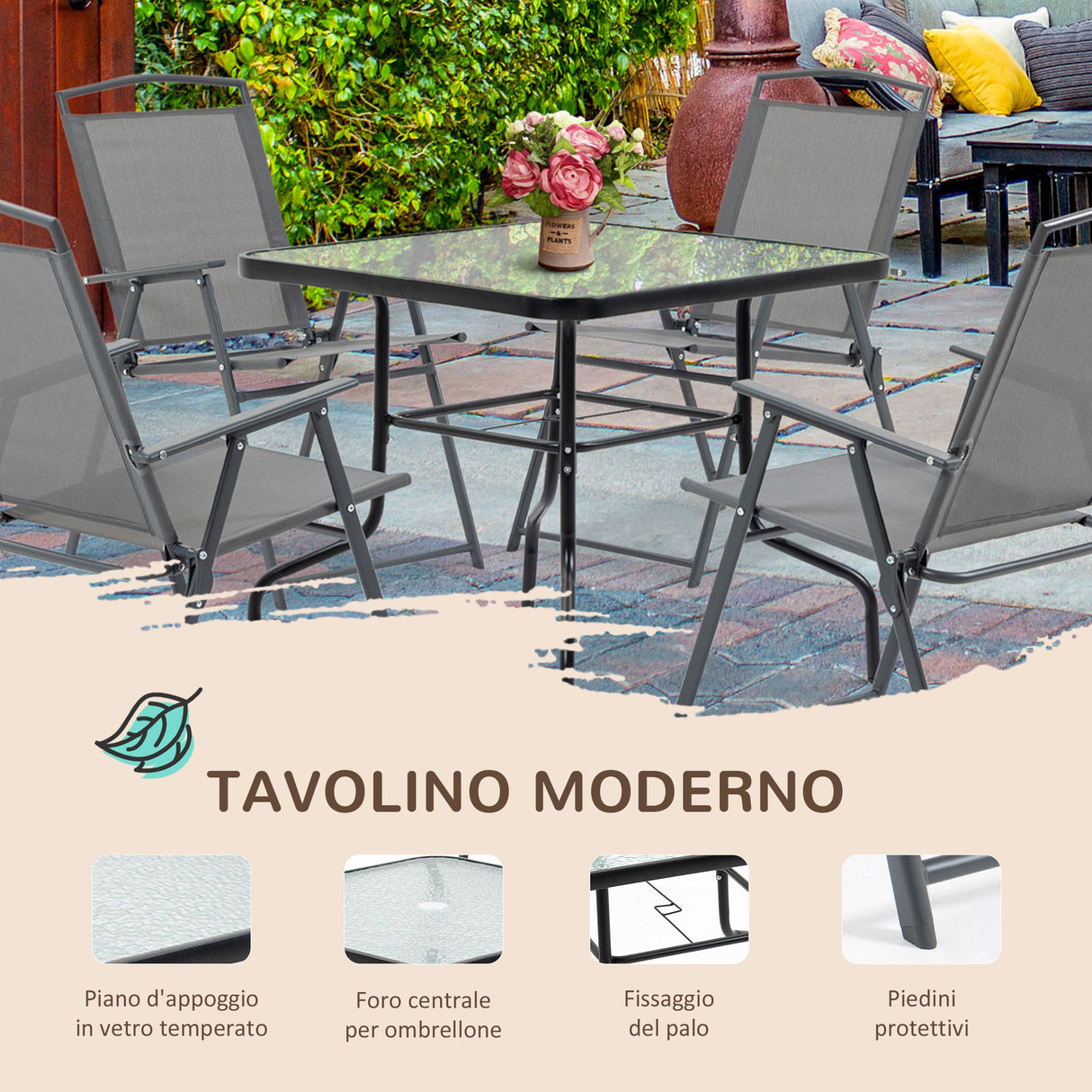 easycomfort easycomfort set tavolo con 4 sedie da giardino pieghevoli e foro per ombrellone nero