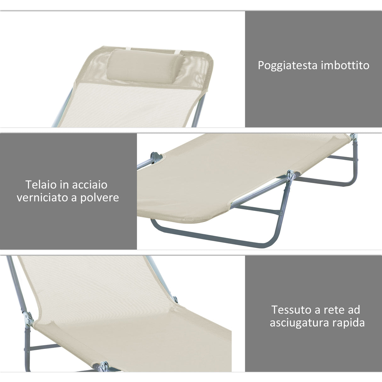 easycomfort easycomfort set 2 lettini prendisole pieghevoli con schienale reclinabile a 4 livelli metallo e tessuto a rete beige