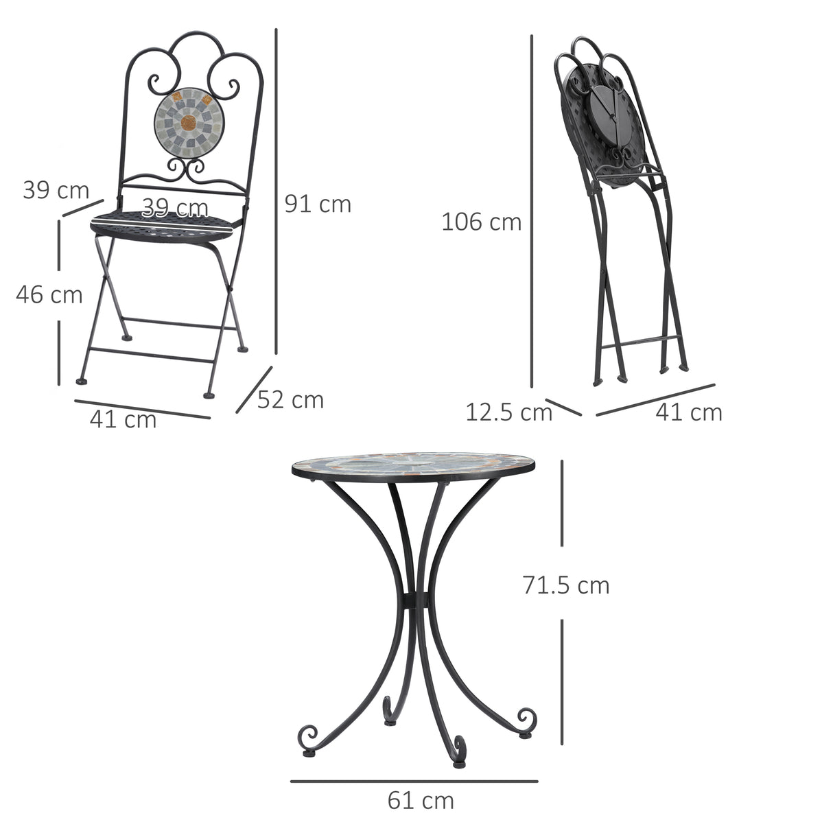 easycomfort easycomfort set da giardino 3 pezzi 2 sedie pieghevoli e 1 tavolo design a mosaico grigio