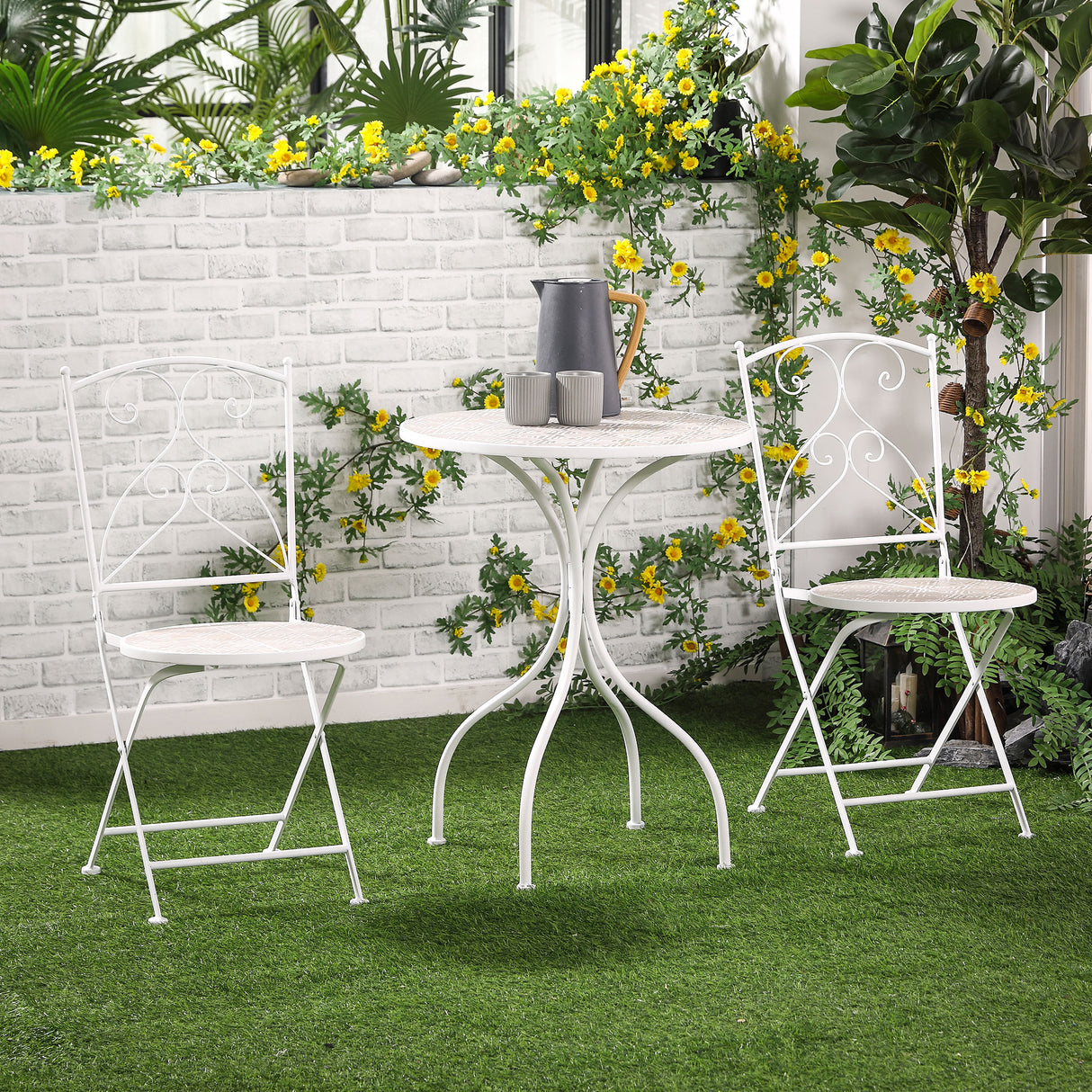 easycomfort easycomfort set da giardino 3 pezzi con 2 sedie pieghevoli e 1 tavolino a mosaico bianco