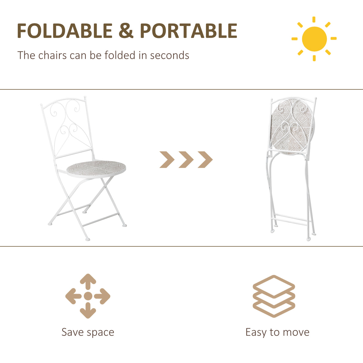 easycomfort easycomfort set da giardino 3 pezzi con 2 sedie pieghevoli e 1 tavolino a mosaico bianco