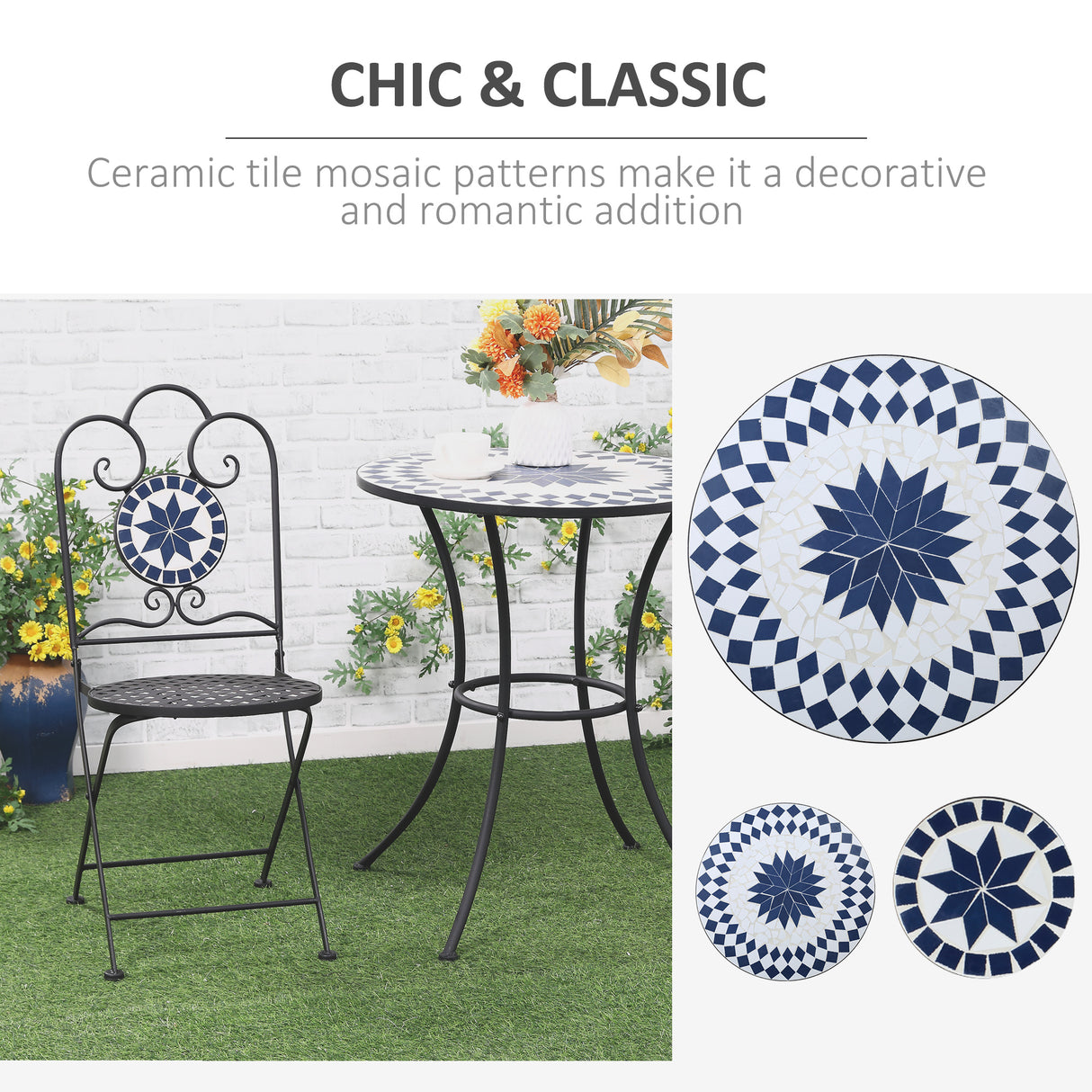 easycomfort easycomfort set da giardino 3 pezzi con 2 sedie pieghevoli e 1 tavolino rotondo a mosaico