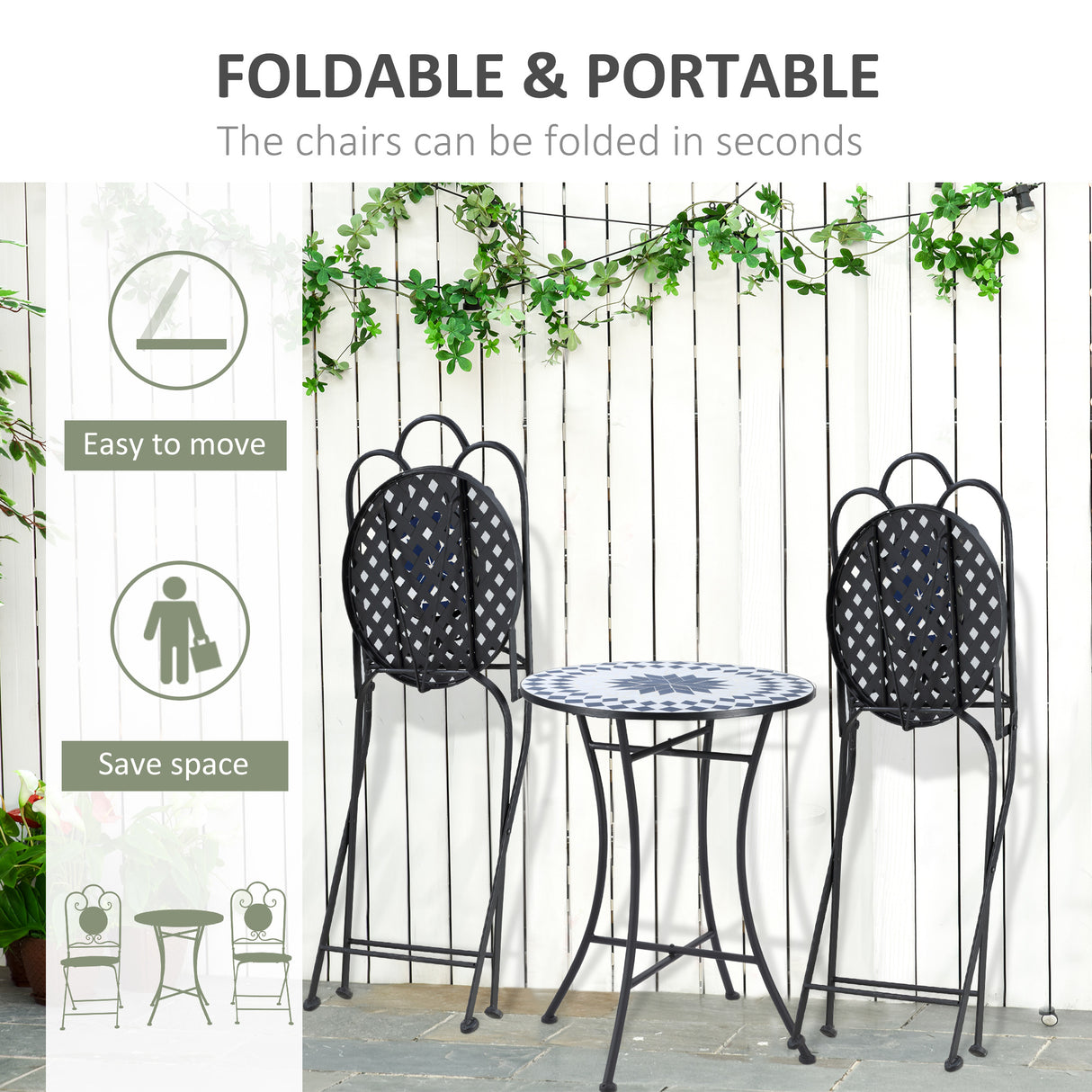 easycomfort easycomfort set da giardino 3 pezzi con 2 sedie pieghevoli e 1 tavolino rotondo a mosaico