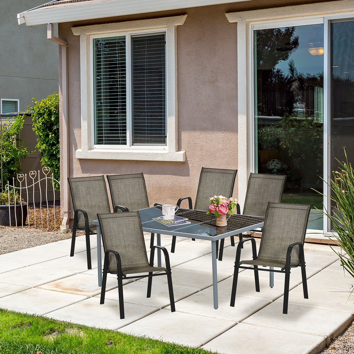 easycomfort easycomfort set 4 pezzi sedie da giardino con braccioli sedie da esterno impilabili in metallo e tessuto traspirante marrone