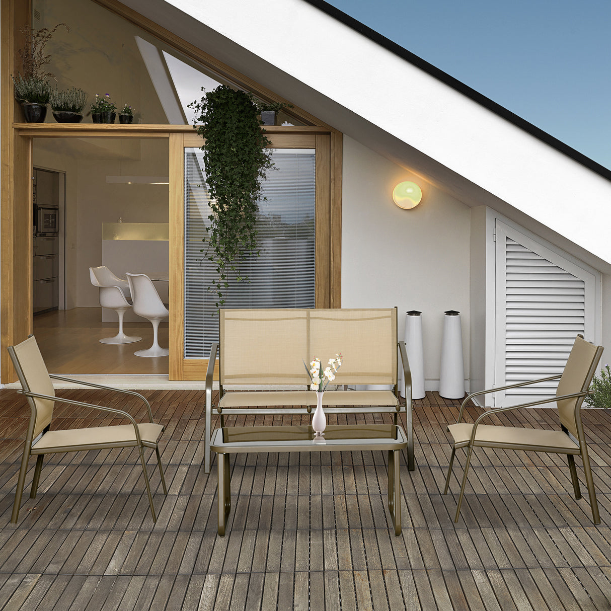 easycomfort easycomfort set mobili da giardino 4 pezzi salotto da esterno con 2 sedie 1 divanetto e 1 tavolino da caffe in metallo e texteline kaki