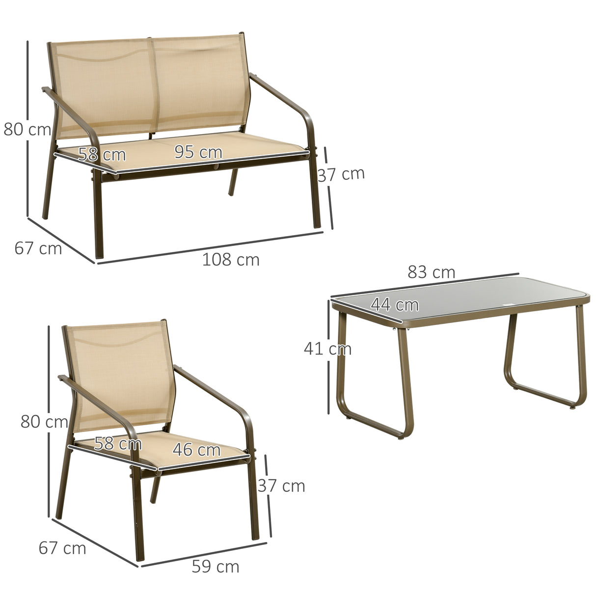 easycomfort easycomfort set mobili da giardino 4 pezzi salotto da esterno con 2 sedie 1 divanetto e 1 tavolino da caffe in metallo e texteline kaki