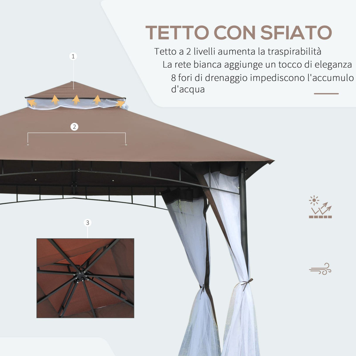 easycomfort easycomfort gazebo da giardino 3x3m con zanzariera tetto a 2 livelli in poliestere struttura in metallo marrone ean 8055776913209