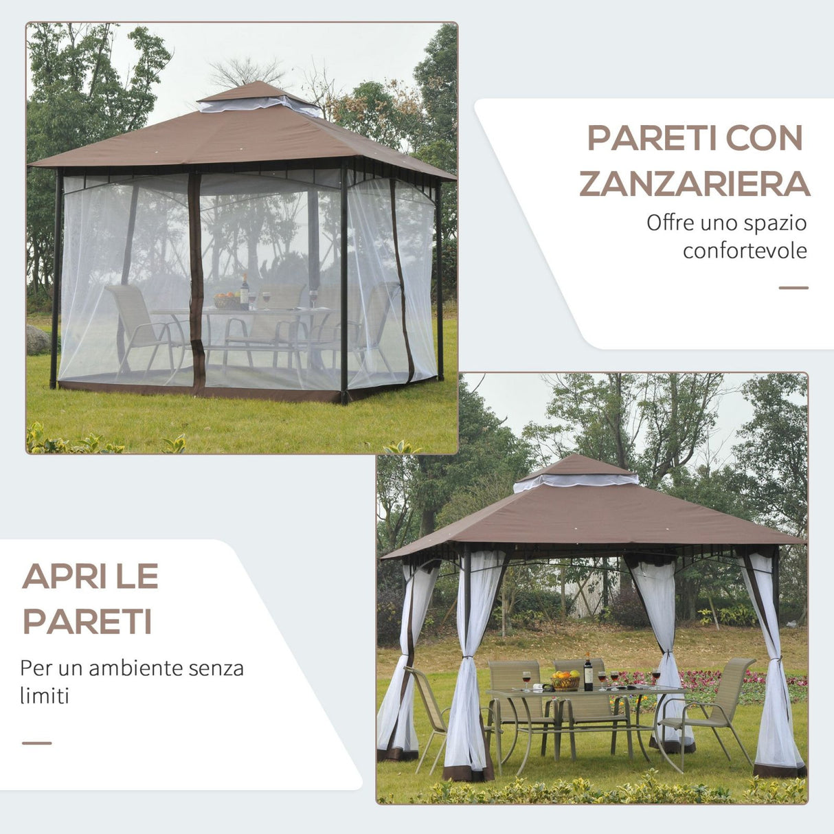easycomfort easycomfort gazebo da giardino 3x3m con zanzariera tetto a 2 livelli in poliestere struttura in metallo marrone ean 8055776913209