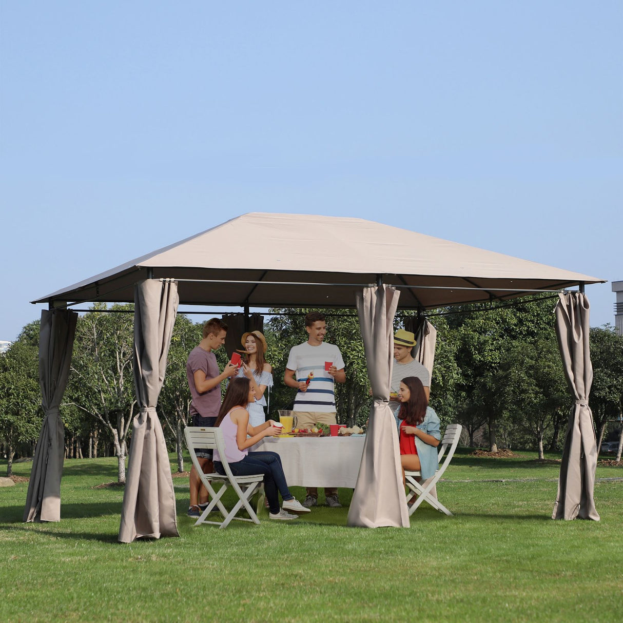 easycomfort easycomfort gazebo da giardinotelo in poliestere 6 pareti rimovibili 12 paletti struttura in metallo beige 400 x 300 x 264 cm ean 8055776915128