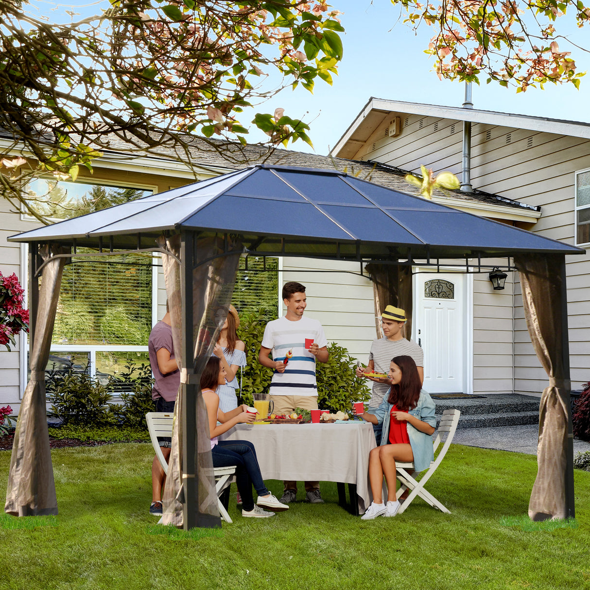 easycomfort easycomfort gazebo da giardino con zanzariera 3.6x3m tetto policarbonato marrone