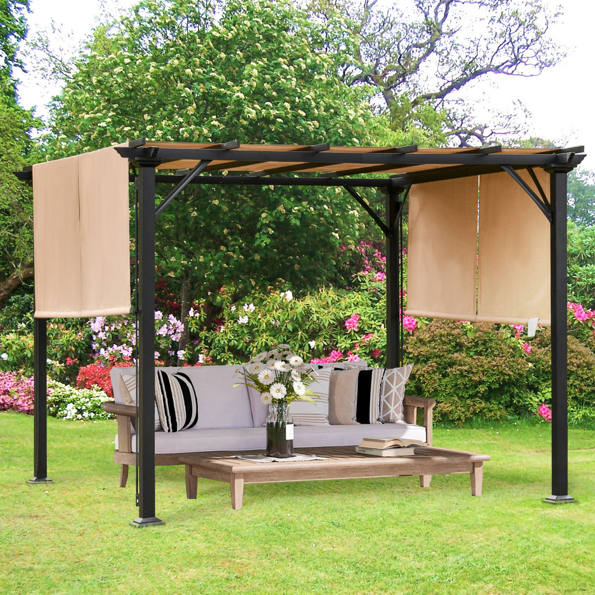 easycomfort easycomfort pergola gazebo da giardino in acciaio tende regolabili 305x305x220cm