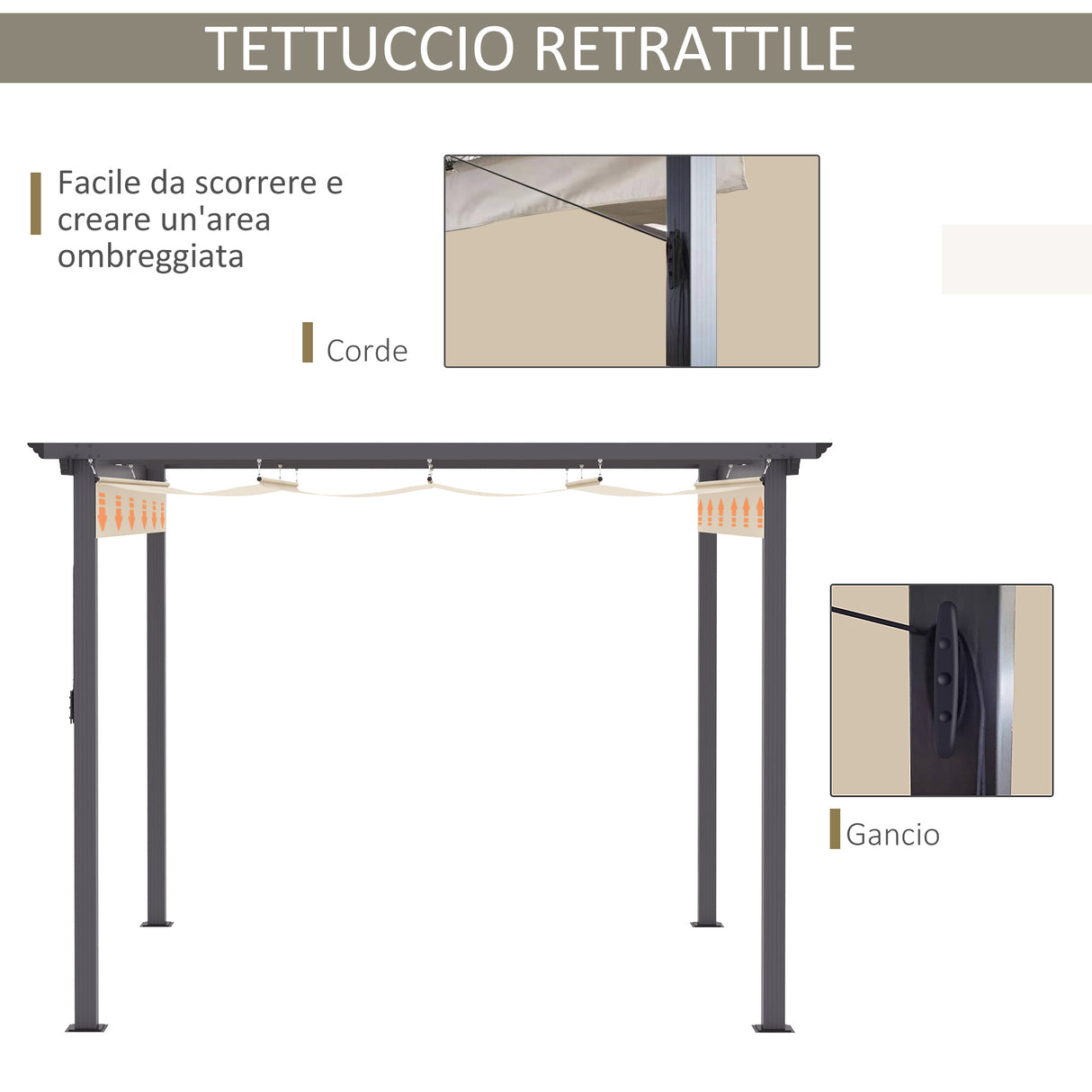 easycomfort easycomfort gazebo pergola da giardino 3x3m con tenda retrattile in alluminio e poliestere bianco crema