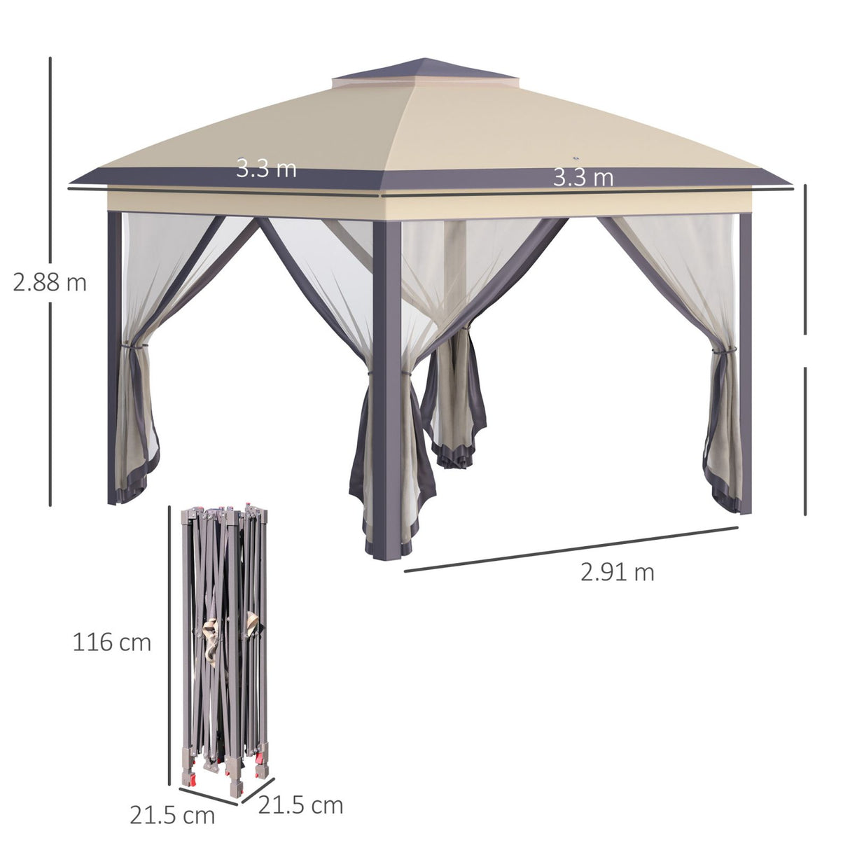 easycomfort easycomfort gazebo da giardino pieghevole con zanzariera e altezza regolabile 330x330x288cm beige