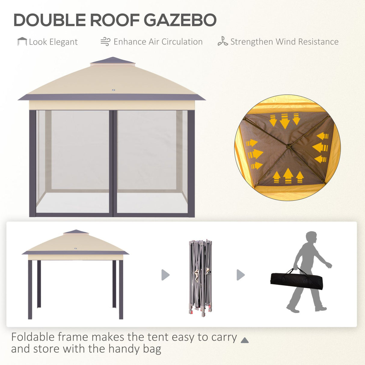 easycomfort easycomfort gazebo da giardino pieghevole con zanzariera e altezza regolabile 330x330x288cm beige