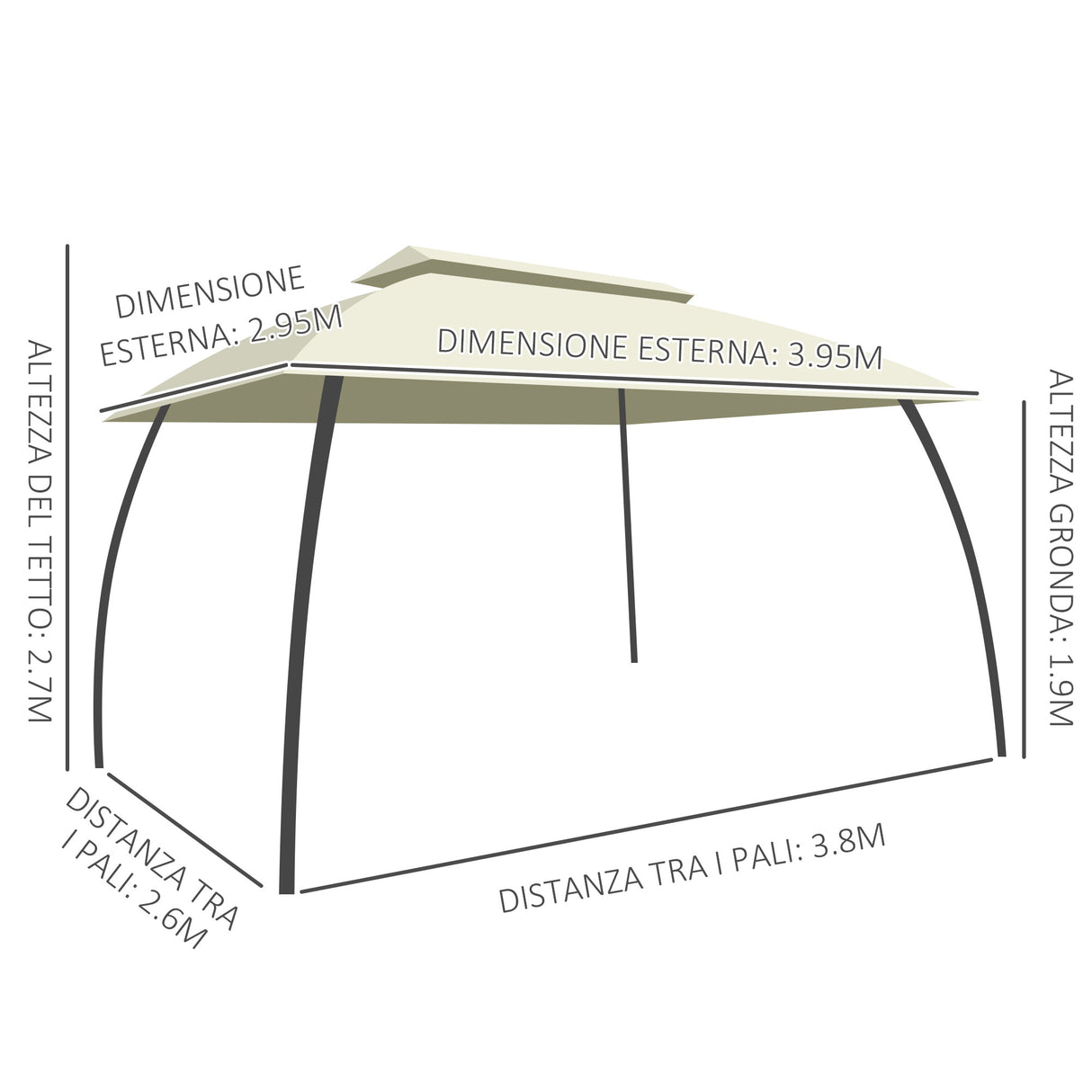 easycomfort easycomfort gazebo da giardino 4x3m con doppio tettuccio pareti in poliestere e struttura in acciaio beige