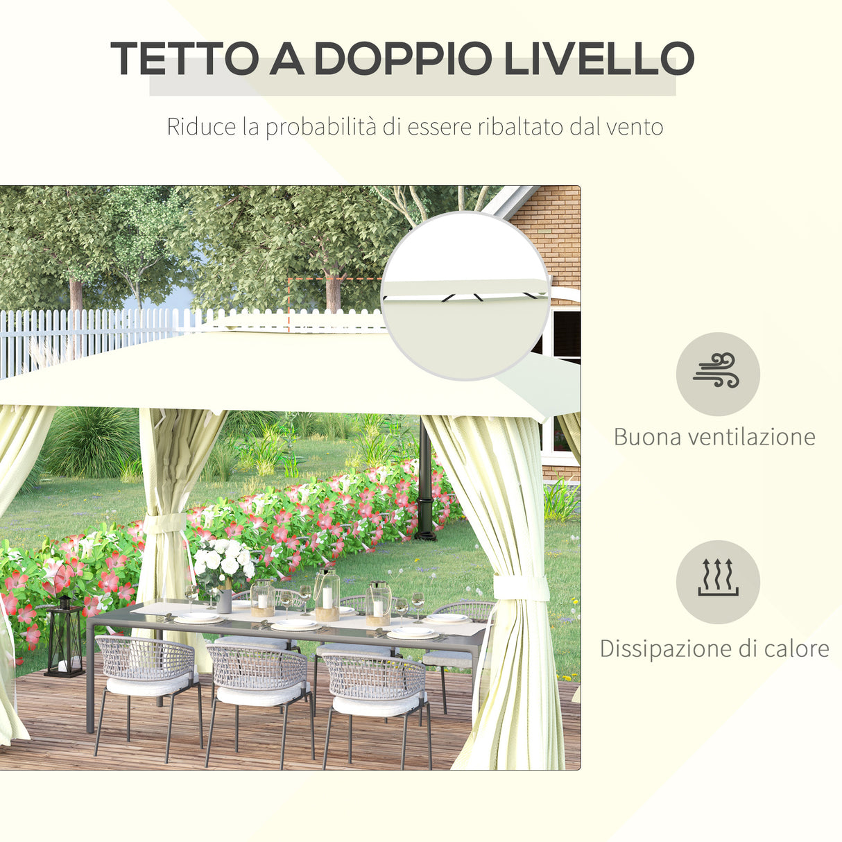 easycomfort easycomfort gazebo da giardino 4x3m con doppio tettuccio pareti in poliestere e struttura in acciaio beige