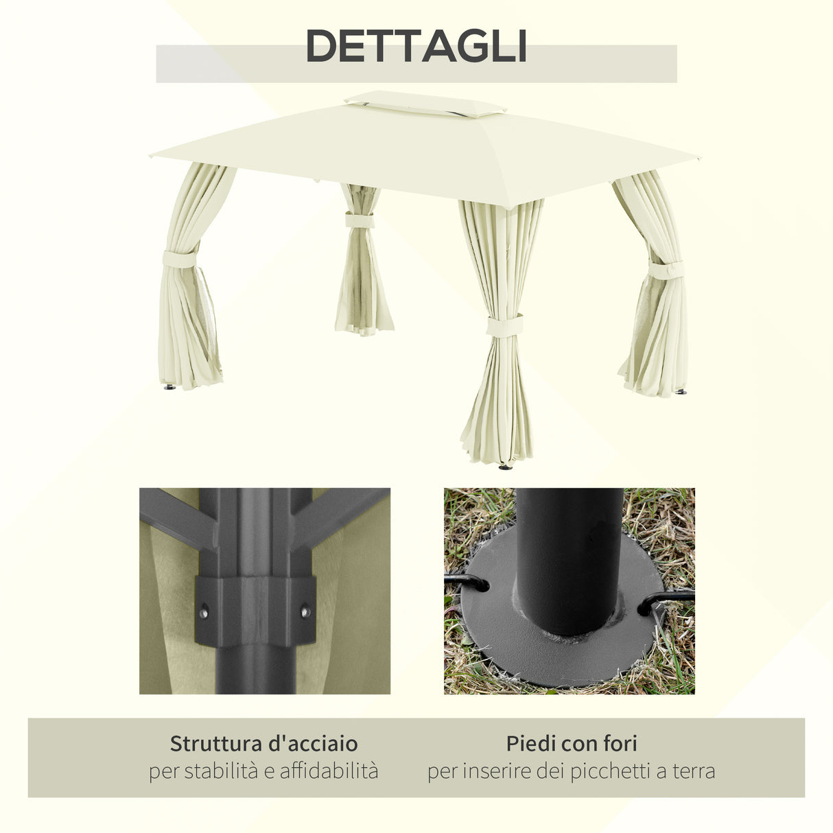 easycomfort easycomfort gazebo da giardino 4x3m con doppio tettuccio pareti in poliestere e struttura in acciaio beige