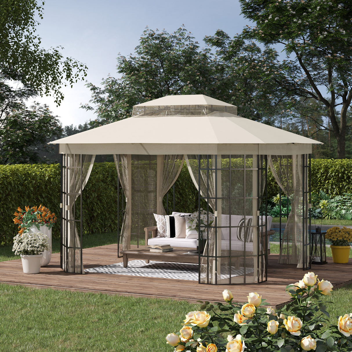 easycomfort easycomfort gazebo da giardino con zanzariera tetto a 2 livelli e struttura in metallo 3 7x3m beige