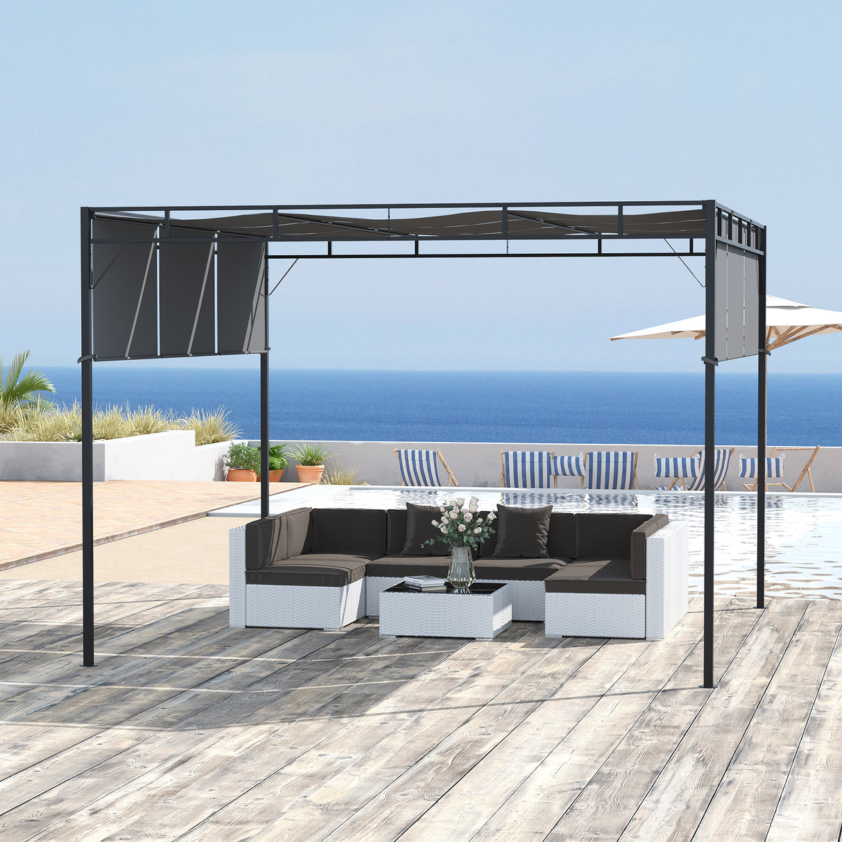 easycomfort easycomfort gazebo a pergola 3x3m in acciaio con tettuccio scorrevole e 8 picchetti inclusi