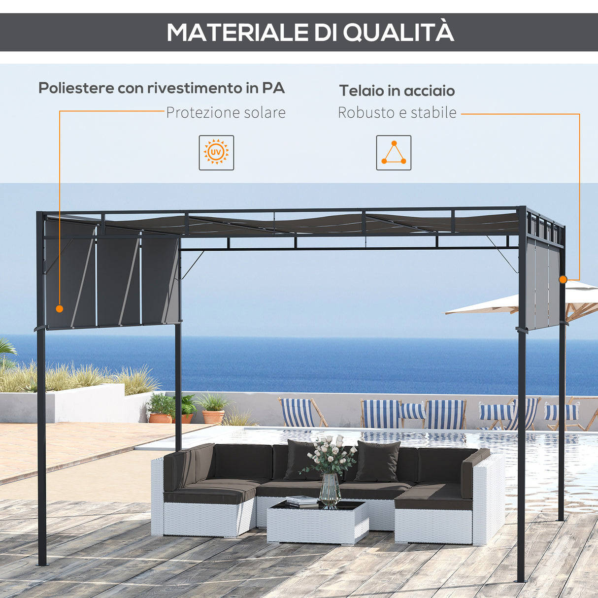 easycomfort easycomfort gazebo a pergola 3x3m in acciaio con tettuccio scorrevole e 8 picchetti inclusi