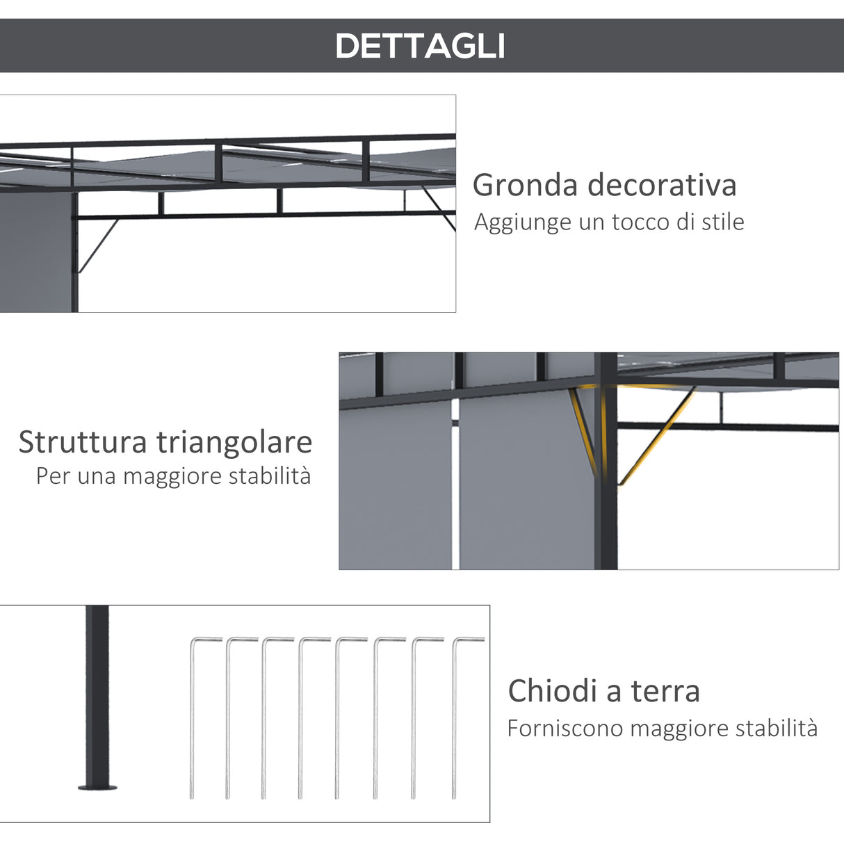 easycomfort easycomfort gazebo a pergola 3x3m in acciaio con tettuccio scorrevole e 8 picchetti inclusi