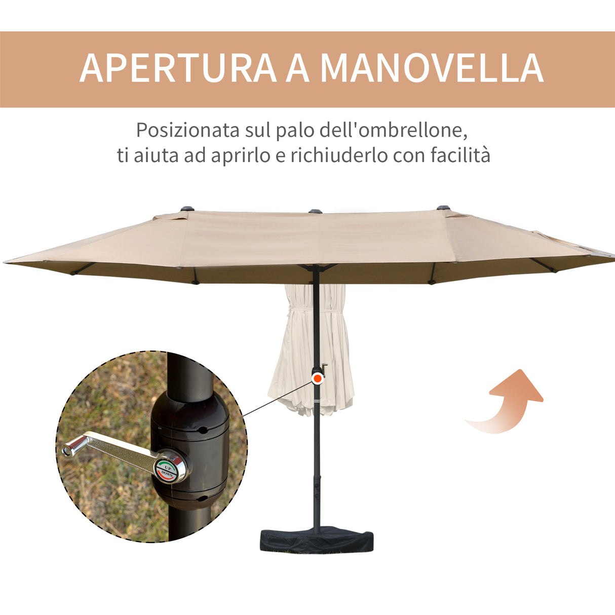 easycomfort easycomfort ombrellone da giardino doppio 460x270cm apertura a manovella base a croce e zavorra acciaio e poliestere khaki