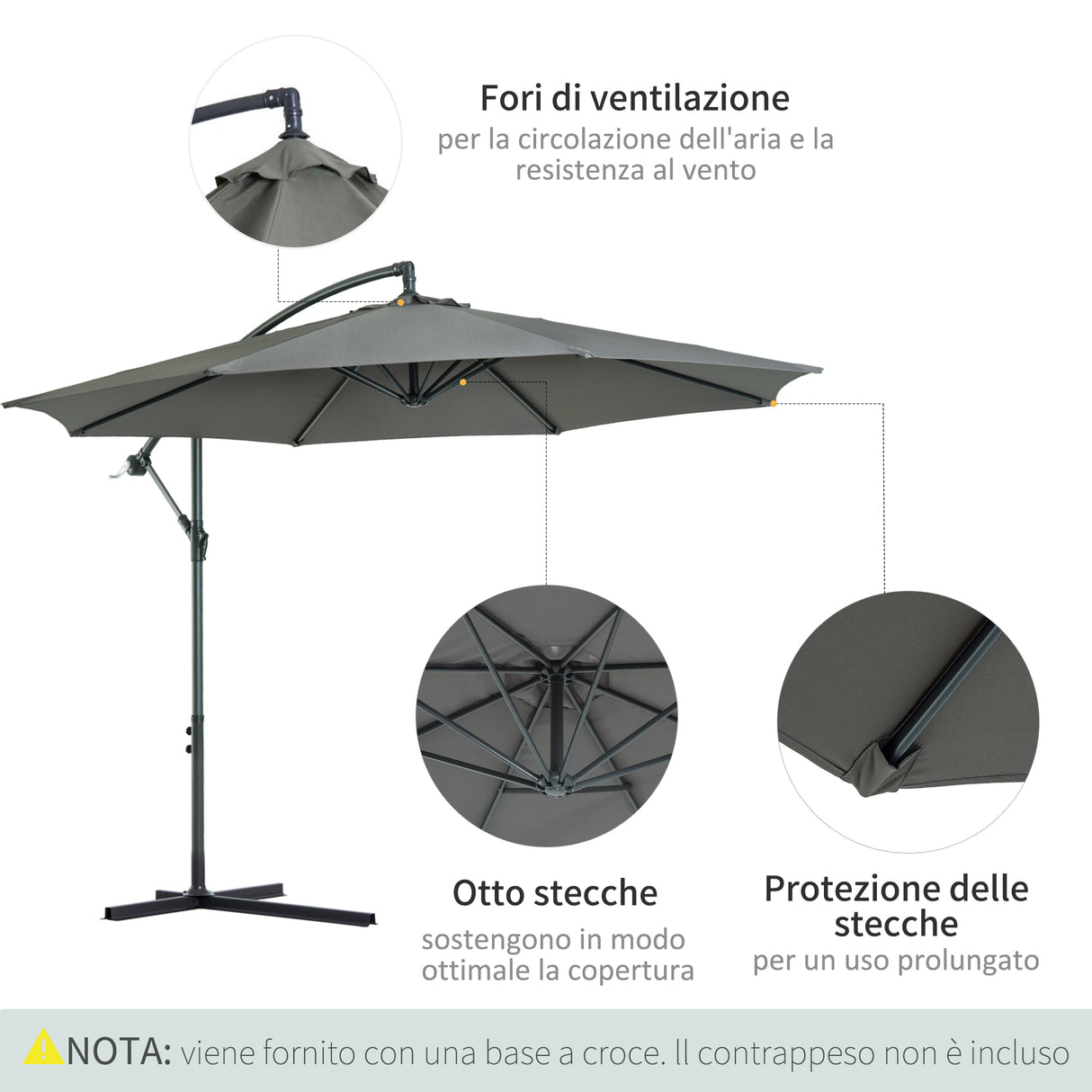 easycomfort easycomfort ombrellone da esterni 3x2 5 m decentrato con manovella struttura in acciaio e poliestere anti uv grigio