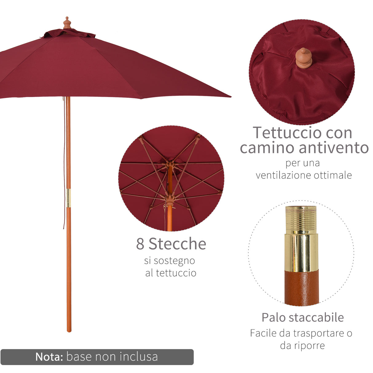 easycomfort easycomfort ombrellone da giardino con tettuccio antivento in poliestere rosso e palo in legno 257x253cm ean 8054144134505