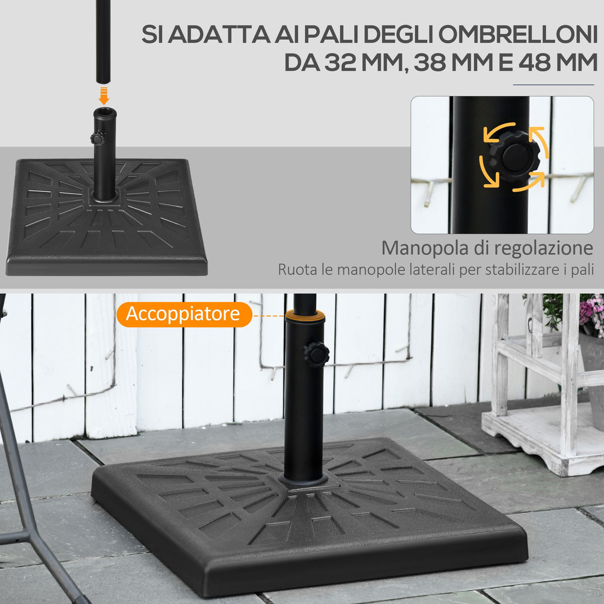 easycomfort easycomfort base per ombrellone di 19kg e 51x51x32 cm in resina e acciaio per pali 32mm 38mm e 48mm nero