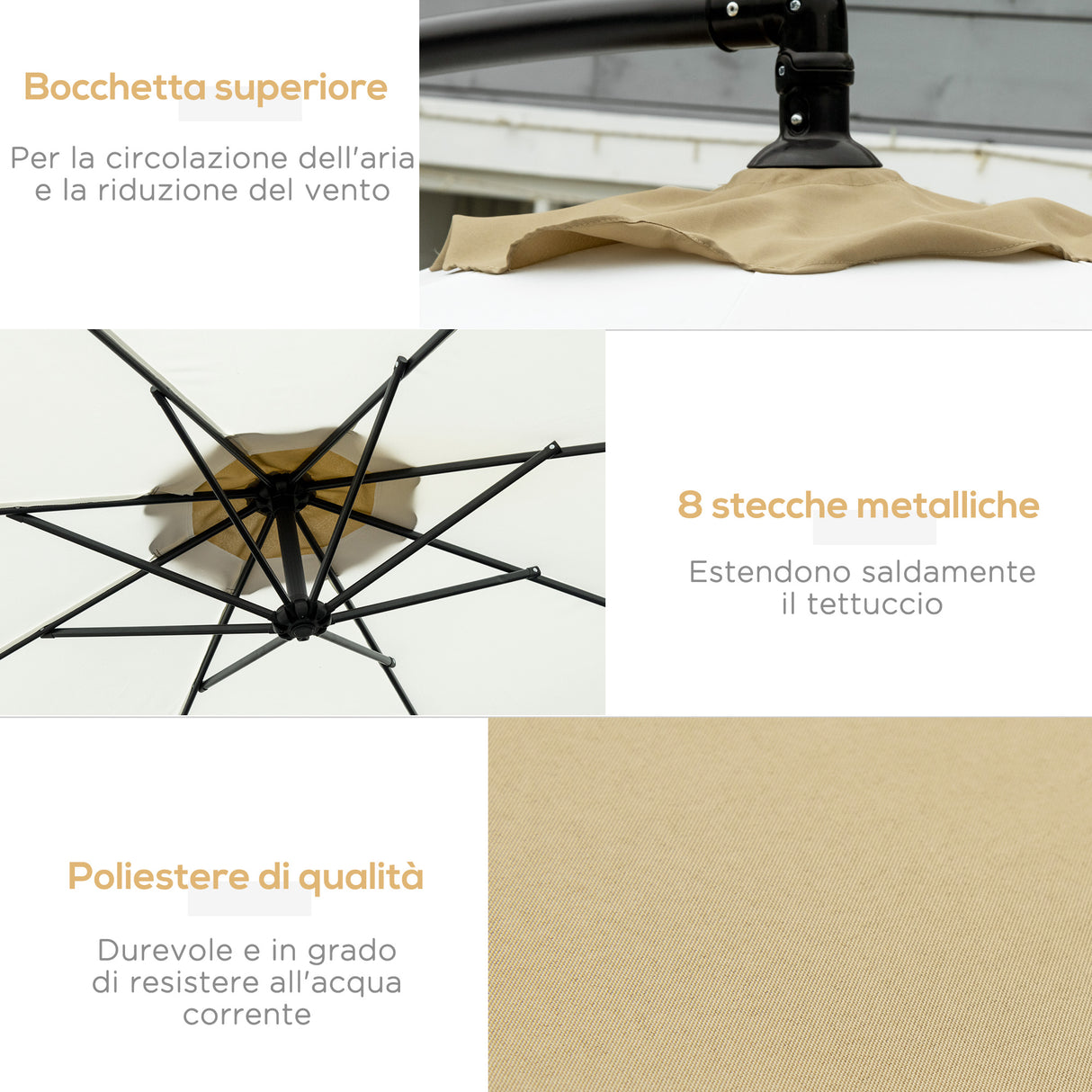 easycomfort easycomfort ombrellone 3x2 m da giardino in acciaio e poliestere con base a croce e presa daria marrone e crema