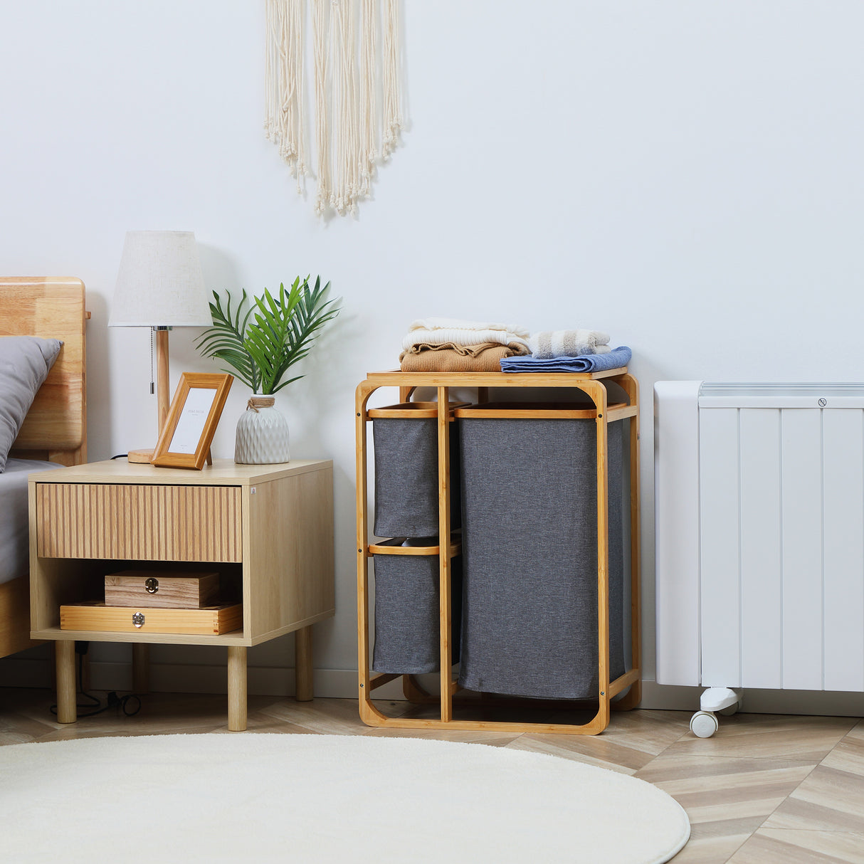 easycomfort easycomfort cesto portabiancheria con 3 scomparti estraibili in tessuto e bambu 50x32x69 7cm