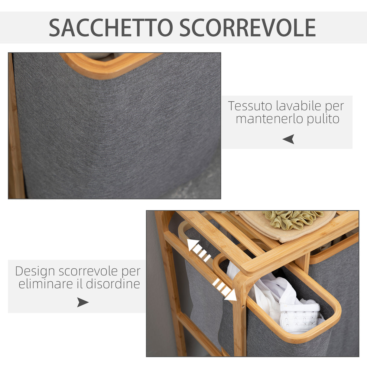 easycomfort easycomfort cesto portabiancheria con 3 scomparti estraibili in tessuto e bambu 50x32x69 7cm
