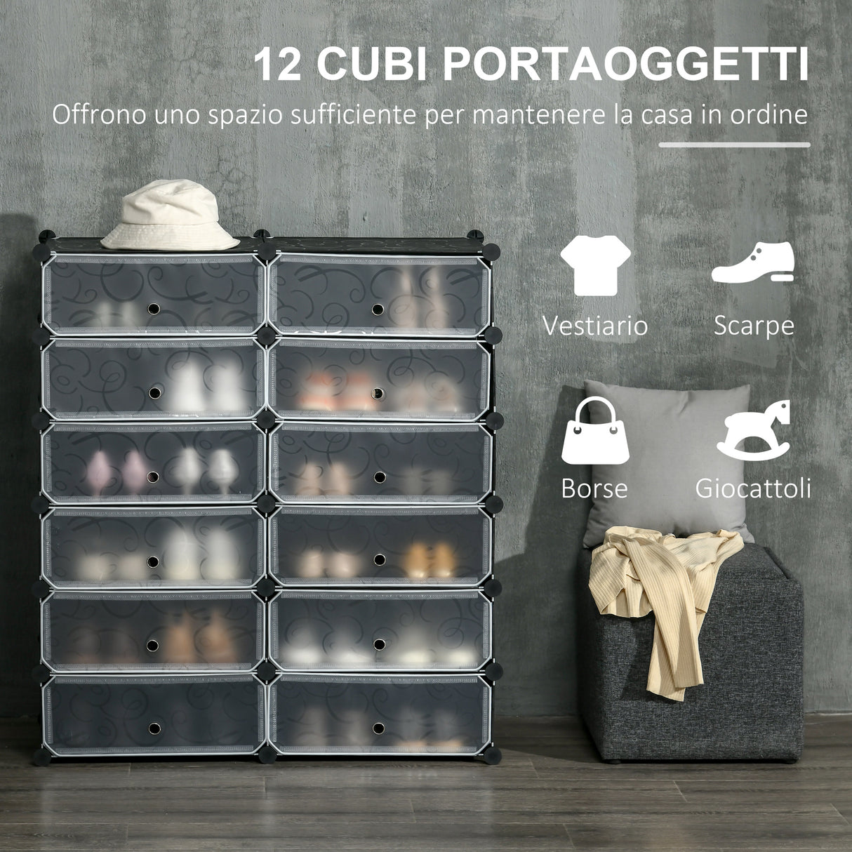 easycomfort easycomfort mobile scarpiera modulare salvaspazio 12 cubi 45x35x16 cm in acciaio e pp nero e bianco
