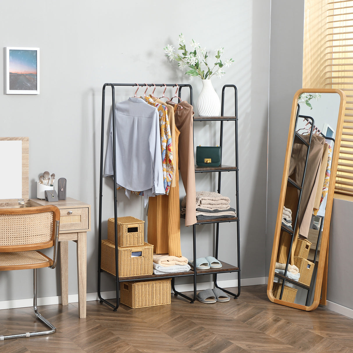 easycomfort easycomfort appendiabiti da terra stile industriale con barra e 5 ripiani in legno e acciaio 101x39x160cm