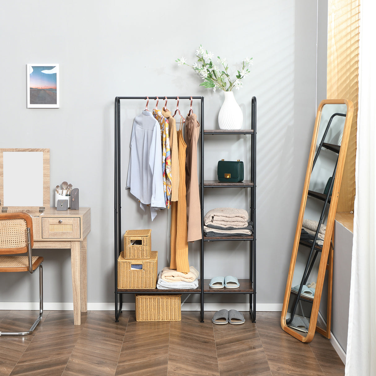 easycomfort easycomfort appendiabiti da terra stile industriale con barra e 5 ripiani in legno e acciaio 101x39x160cm