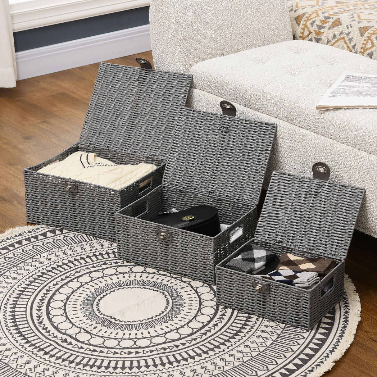 easycomfort easycomfort set di 3 cesti in vimini pp con coperchio di diverse dimensioni grigio