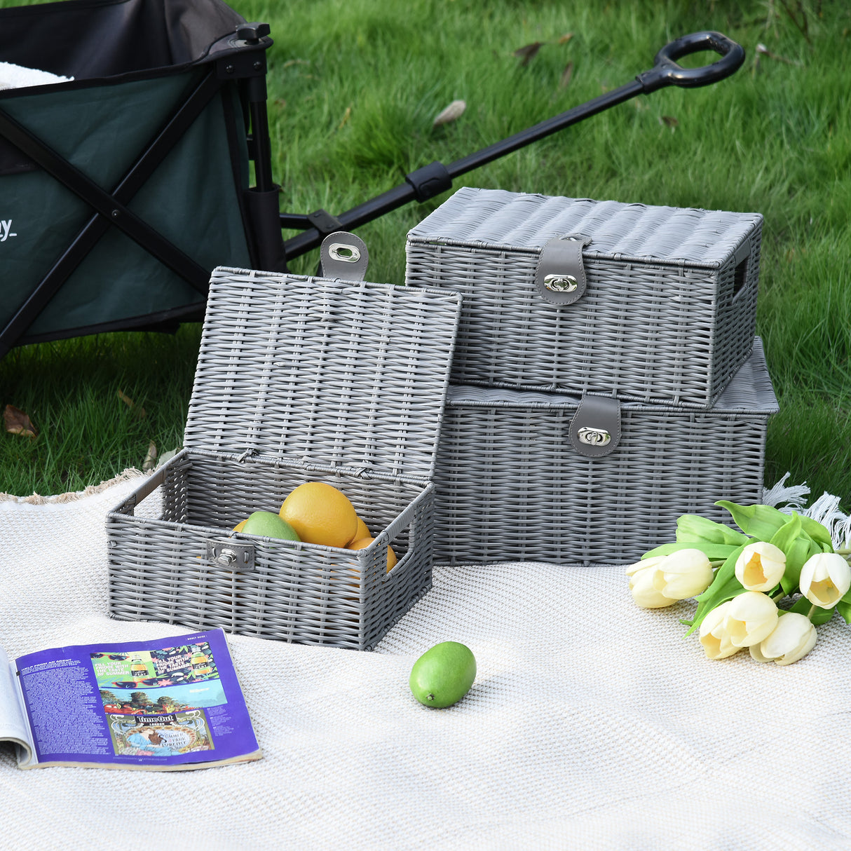 easycomfort easycomfort set di 3 cesti in vimini pp con coperchio di diverse dimensioni grigio