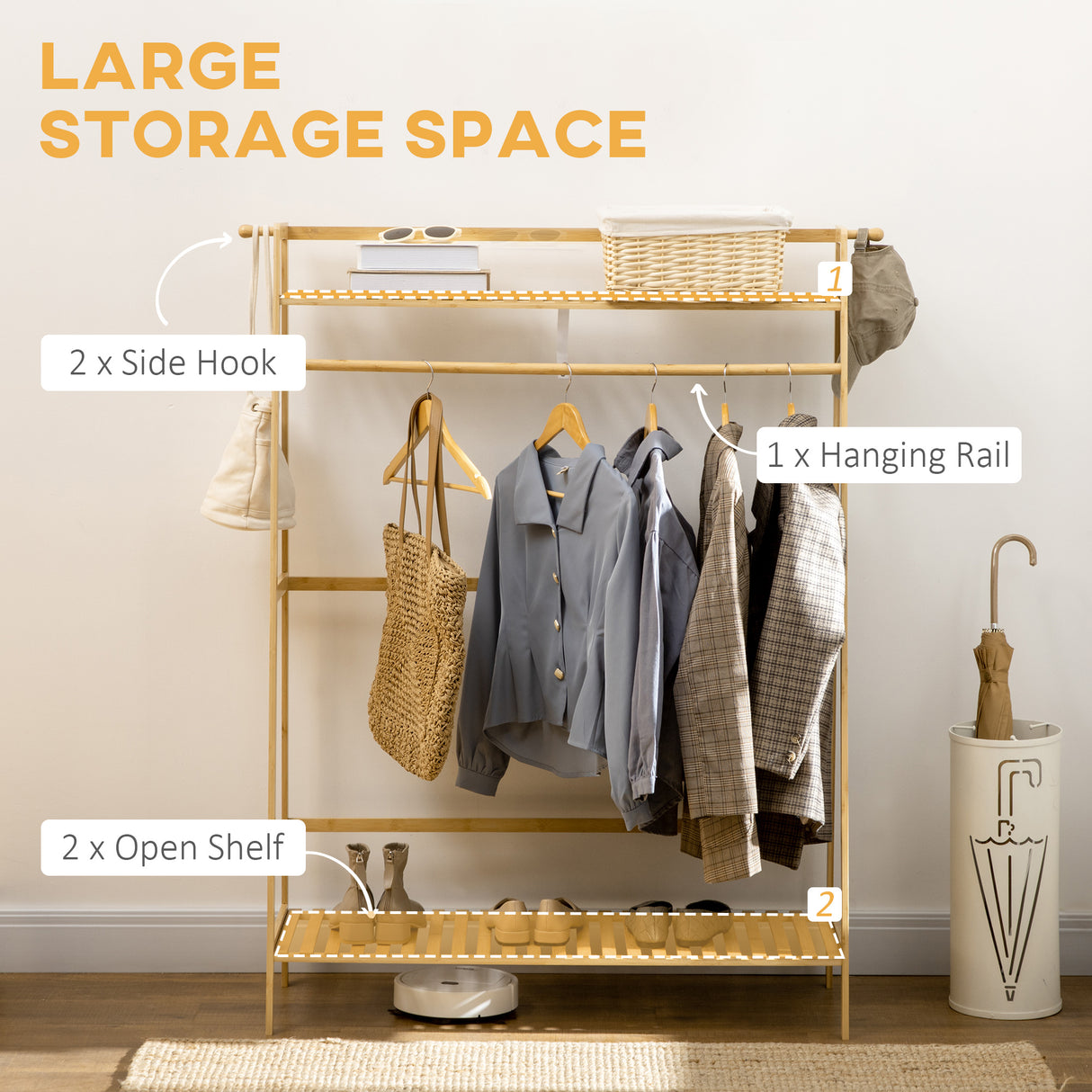 easycomfort easycomfort appendiabiti in bambu design rialzato a 2 livelli con barra e 2 ganci 114x40x139 cm