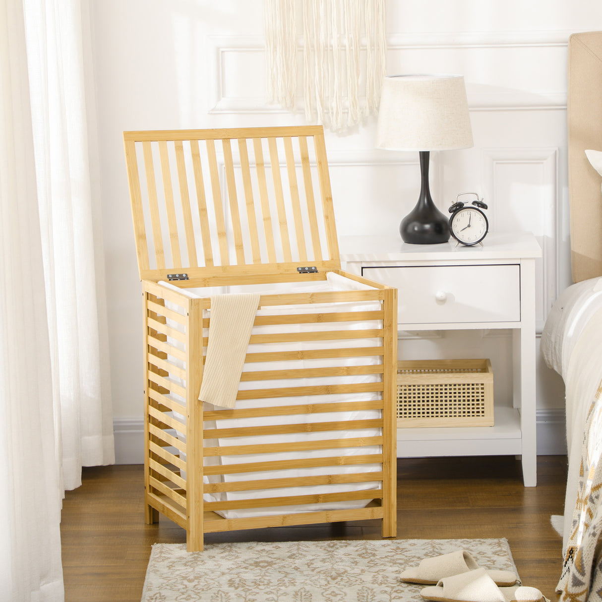 easycomfort easycomfort cesto portabiancheria a doghe in bambu e tessuto con coperchio e sacca rimovibile 50x36x60 cm