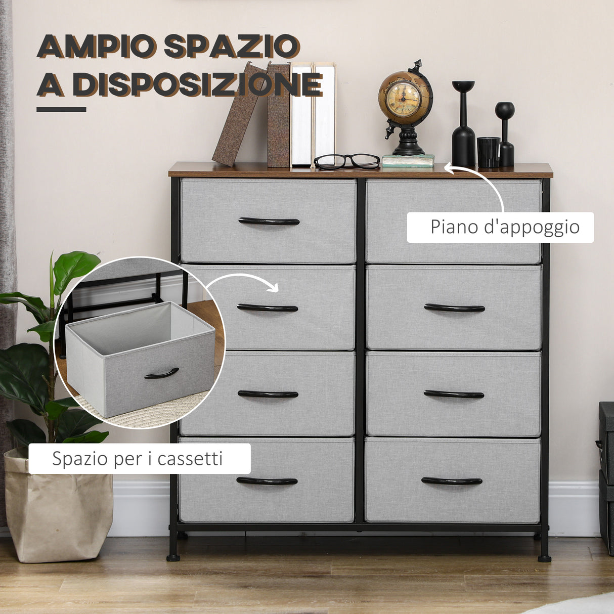 easycomfort easycomfort cassettiera 8 cassetti in tessuto rimovibili in legno e acciaio stile industriale 80x30x81 5cm